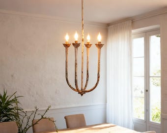 Distressed Beige Finish 4-Arm Chandelier, Floral Decorative Chandelier, French Living Room Hanging Lamp, Wedding Lighting, Farmhouse Decor