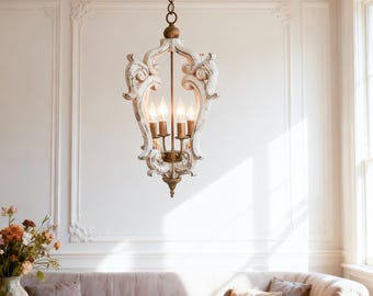 Shabby Chic-Kronleuchter aus Holz, 4-armiger Kronleuchter mit Gold-Finish, Bauernhaus-Restaurant-Beleuchtung, einzigartige Leuchte, Wohnkultur