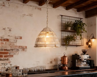 Lámpara colgante hueca con acabado blanco envejecido, estilo industrial para isla de cocina, lámpara colgante de metal, iluminación rústica de granero, lámpara shabby chic