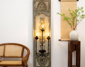 Handmade Wooden Carved Wall Lamp Three-Light Wall Lamp French Wooden Board Wall Antique Finish Wall Lamp Suitable for Corridor Bedroom.