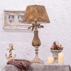 Antique Finish Wooden Base Table Lamp with Distressed Gold Shade Rustic Floral Design Table Lamp Bedside Table Lamp Farmhouse Lighting