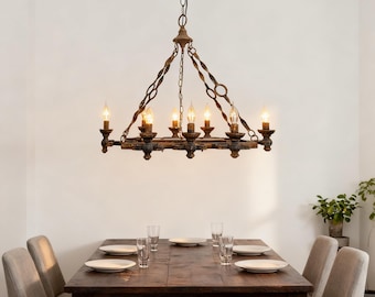 Distressed Black Finish Chandelier, Retro 8-Light Iron Chandelier, Shabby Chic Entryway Chandelier, Industrial Bedroom Lamp, Unique Lighting