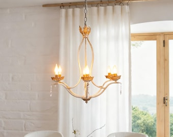 Distressed Beige Finish Six-Arm Chandelier, Rustic Floral Decorative Metal Chandelier, Unique Entrance Chandelier, French Farmhouse Decor
