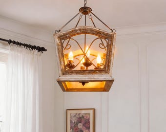 Beunruhigter hölzerner Laternenleuchter, Shabby Chic Kronleuchter, hohler Metallleuchter, Bauernhaus-Entryway-Kronleuchter, hölzerner Kronleuchter