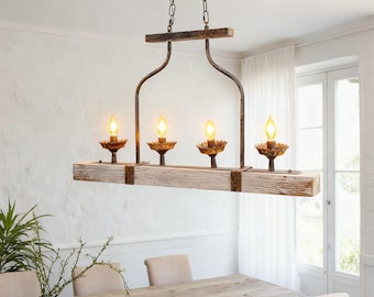 Shabby Chic Holzbalken 4-Licht Kronleuchter, Einzigartige Metall Ketten Kronleuchter, Dekorativer Blumenleuchter, Landhaus Esszimmer Kronleuchter