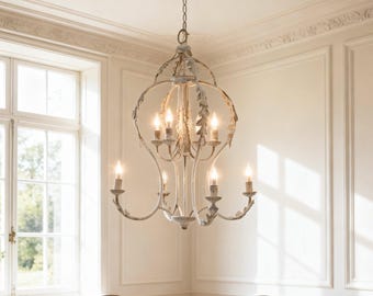 Distressed Beige Finish Chandelier, 8-Light Metal Chandelier, Shabby Chic Chandelier, French Rustic Chandelier, Floral Decorative Chandelier