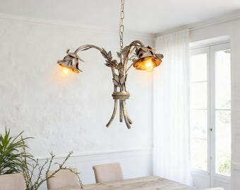 Shabby Chic 3-Arm Metal Chandelier, Floral Decorative Chandelier, Distressed Green Finish Chandelier, Unique French Wedding Lighting