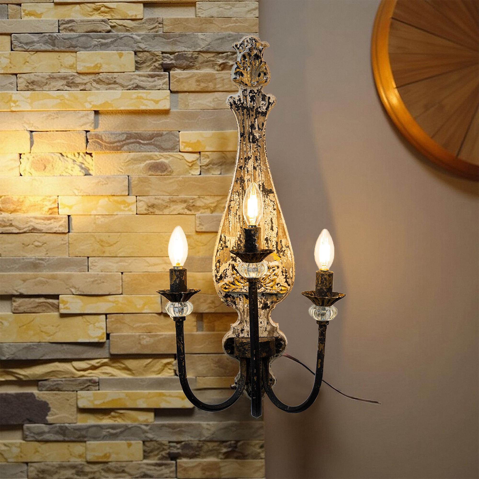 Antique Three-Light Wall Lamp Distressed Decorative Wall Lamp Shabby Chic Decor Living Room Wall Lamp Hand-Carved Wall Lamp Farmhouse Decor