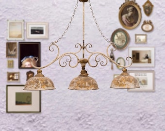 Suspension à trois lampes, finition dorée et crème, suspension tambour, suspension lustre en fer, suspension de cuisine, chaîne lumineuse