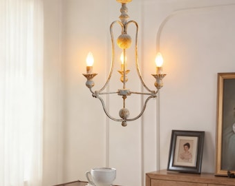 Distressed Gold Finish Chandelier, 3-Arm Metal Chandelier, Ball Decorative Chandelier, Rustic Kitchen Chandelier, Shabby Chic Home Decor