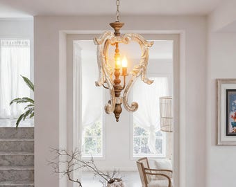Shabby Chic-Kronleuchter aus Holz, rustikaler geschnitzter Kronleuchter, beunruhigter Kronleuchter mit Gold-Finish, 3-Licht-Kronleuchter, Bauernhaus-Küchenbeleuchtung