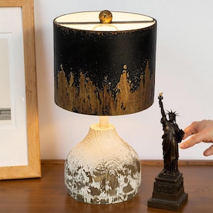 Wooden Base Table Lamp Black Metal Lampshade Gold Distressed Finish Night Light Bedside Table Lamp Living Room Decorative Table Lamp