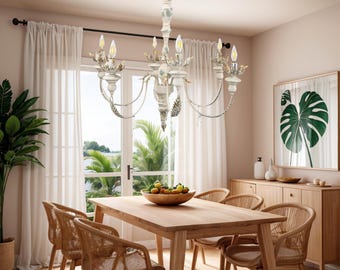 French Metal Chandelier with Crystal Pendant Floral Decorative Six-arm Chandelier Distressed White and Gold Finish Chandelier Home Lighting