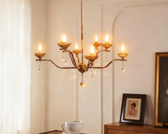 Distressed Beige Finish Chandelier, Shabby Chic 8-Arm Chandelier, French Metal Chandelier, Living Room Art Deco Lighting, Home Decor