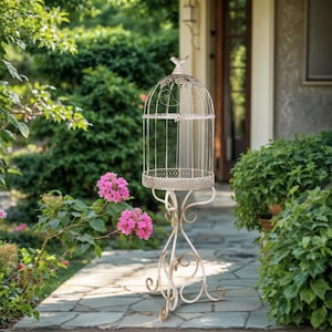 Rustic Distressed White Metal Birdcage with Elegant Swirl Stand and Decorative Bird Top - for Gargen Decor and Home Decor
