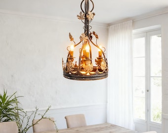 Shabby Chic Metal Chandelier, Floral Decorative Chandelier, Distressed Gold Finish Chandelier, French Country Chandelier, Entryway Lighting