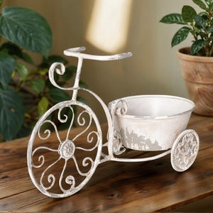 Vintage Metal Bicycle Planter with Distressed White Finish, Decorative Garden Pot, Retro Shabby Chic Outdoor Flower Holder