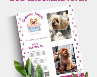Dog Groomer Flyer, Pet Grooming Business Flyer with QR Code, Pet Care Dog Grooming Leaflet Editable Canva Template, Instant Digital Download