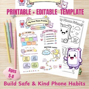 Barnens telefonavtal, regler för första telefonen, redigerbar Canva-mall, regler för skärmtid, roligt utskrivbart telefonavtal för barn 5–8 år, digitalt