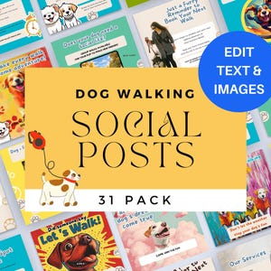 Puede incluir: Un conjunto de publicaciones en redes sociales sobre paseos de perros. La imagen central presenta el texto "DOG WALKING SOCIAL POSTS" y "31 PACK" sobre un fondo amarillo. Se muestran varios gráficos y textos relacionados con perros.