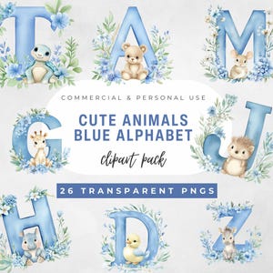 Cute Animal Alphabet Letter Clipart, ilustrações de aquarela azul, 26 PNG de uso comercial, clipart digital fofo de A a Z para download instantâneo