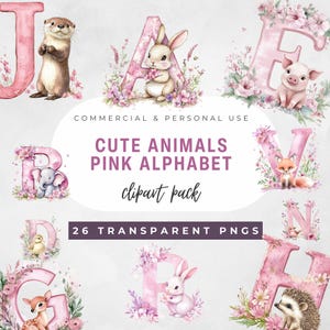 Cute Animal Alphabet Letter Clipart, ilustrações de aquarela rosa, 26 PNG de uso comercial, clipart digital fofo de A a Z para download instantâneo