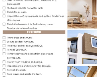 May include: A checklist for home maintenance tasks, divided into two sections: General and Exterior. The checklist includes items such as inspecting the septic tank, checking for air leaks, pruning trees and shrubs, and inspecting roofing and chimney for damage.