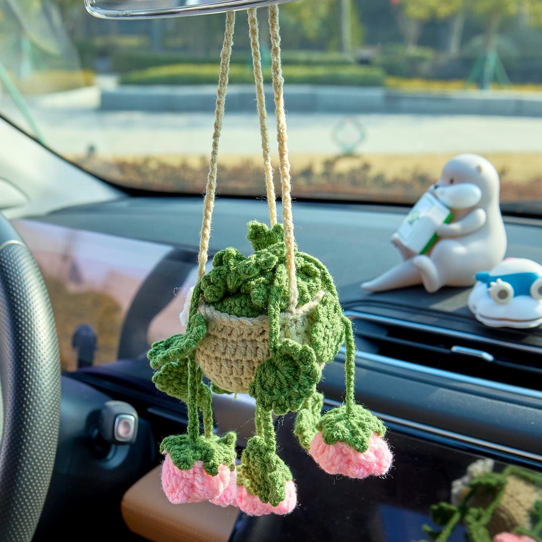 Crochet Car Mirror Hanging Plant Pot With Crochet Rose & Daisy, Crochet ...