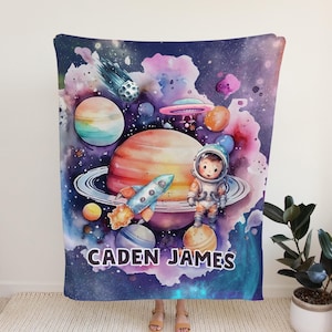 Personalized Space Theme Kids Blanket - Custom Outer Space Baby Gift - Toddler Blanket for Nursery Decor