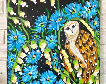 Cosmic Botanical Nature on Black Barn Owl Original Painting