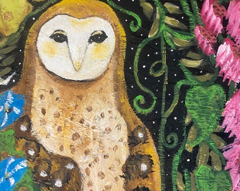 Botanical Large Barn Owl in Pawpaw patch Original Painting