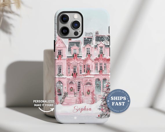 Personalized Pink Christmas Town iPhone Case, Coquette Winter Phonecase