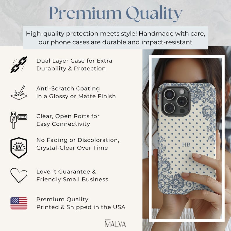 May include: A phone case featuring a cream background with blue polka dots and blue lace-style floral patterns on the corners. The center displays the initials HB. The text includes Premium Quality, Dual Layer Case, Anti-Scratch Coating, Clear Open Ports, No Fading, and Love it Guarantee.
