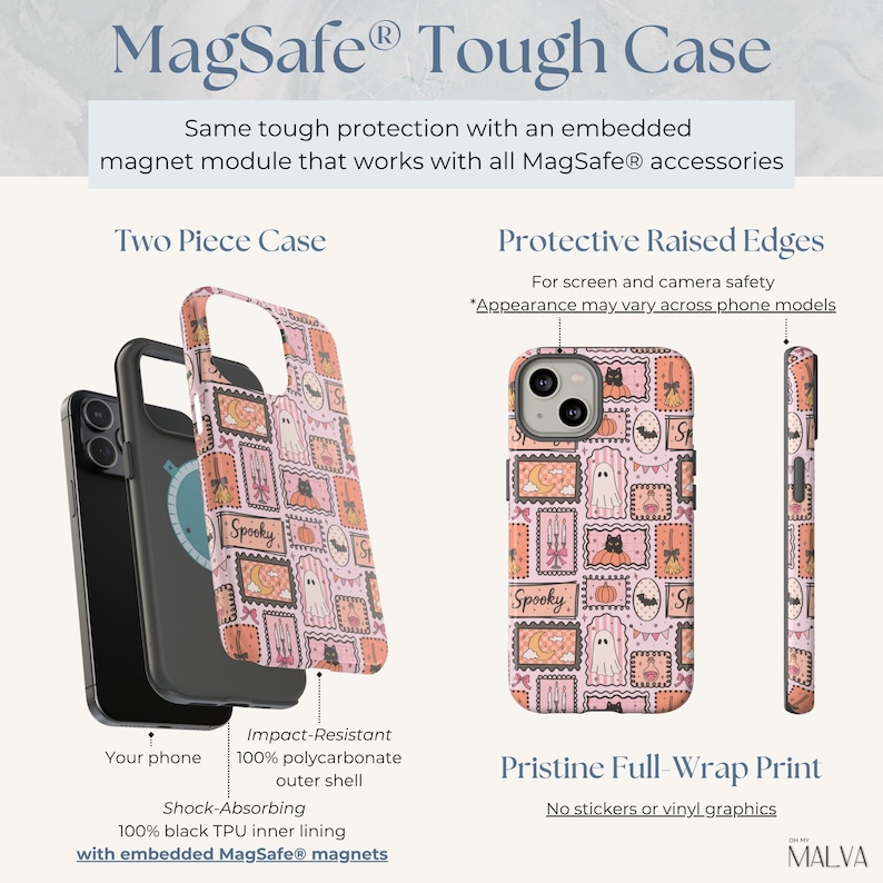Puede incluir: Una funda protectora MagSafe para tel&eacute;fono con fondo rosa y un patr&oacute;n repetitivo de ilustraciones estilo sello postal que incluyen fantasmas, gatos negros, calabazas, murci&eacute;lagos y velas. Tiene un forro interior de TPU negro y carcasa de policarbonato.
