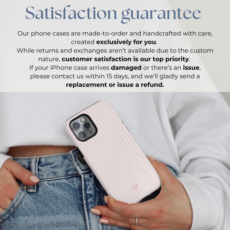 May include: A pink and white striped iPhone case with a subtle texture. The case has a small logo on the bottom right corner. The case is being held by a person's hand.