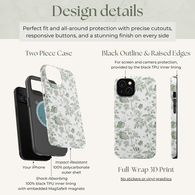 Custom MagSafe Floral Phone Case Flower Phone Case Personalized Name iPhone Case Toile de Jouy Green Monogram Phonecase Magnetic iPhone Case Bild 6