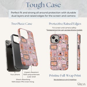 Puede incluir: Una funda de tel&eacute;fono de dos piezas con fondo rosa y un patr&oacute;n repetitivo de sellos con tem&aacute;tica de Halloween que incluyen fantasmas, calabazas, murci&eacute;lagos y velas. La funda consta de un forro interior de TPU negro y una carcasa de policarbonato.