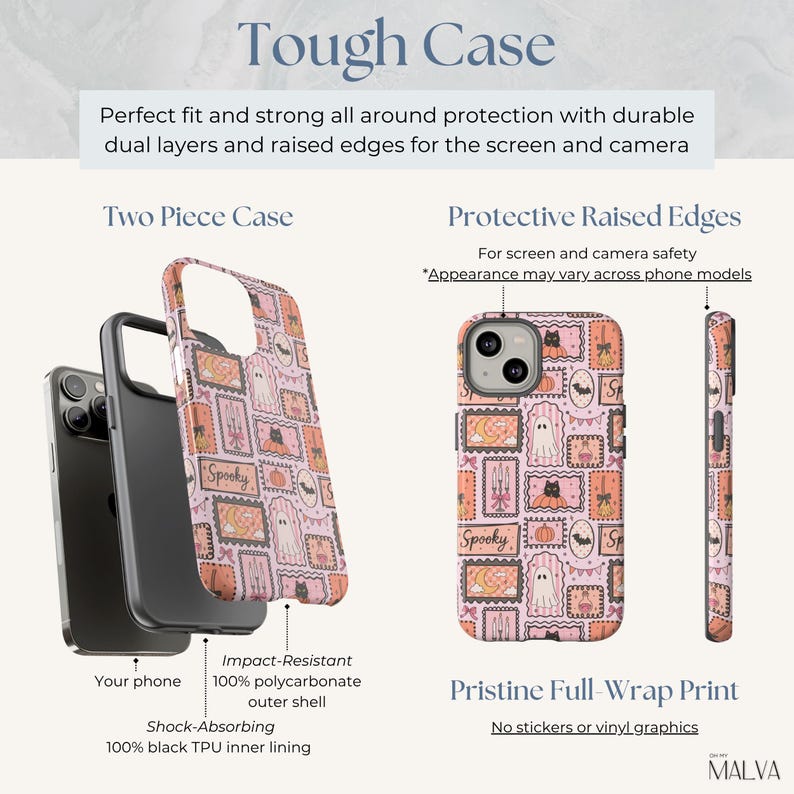 Puede incluir: Una funda de tel&eacute;fono de dos piezas con fondo rosa y un patr&oacute;n repetitivo de sellos con tem&aacute;tica de Halloween que incluyen fantasmas, calabazas, murci&eacute;lagos y velas. La funda consta de un forro interior de TPU negro y una carcasa de policarbonato.