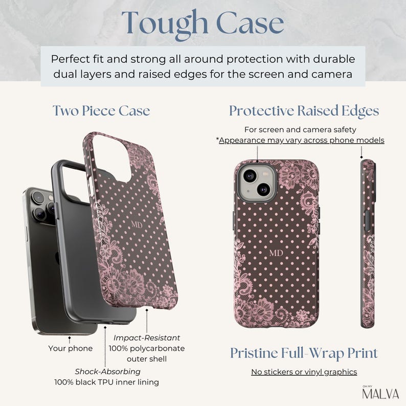 May include: A two-piece phone case featuring a dark brown background with white polka dots and pink lace floral accents. The case includes a black TPU inner lining and a polycarbonate outer shell with the monogram MD. Text includes Tough Case.