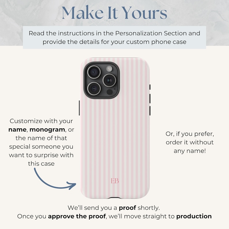 May include: A pink and white striped phone case with a black camera cutout and the letters "EB" in the bottom right corner. The case is for a phone with a camera bump.