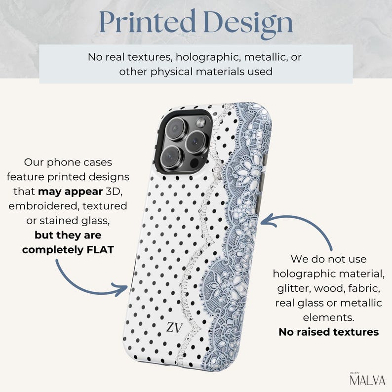 May include: A flat phone case featuring a white background with black polka dots and a blue lace pattern on the right side. The case includes the letters ZV at the bottom. Text on the image explains that the design is printed and not textured.