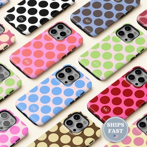 Personalized Polka Dot Phone Case Custom Initials Phonecase Dots Block Color iPhone 18 17 16 15 14 13 MagSafe Samsung Galaxy S26 S25 Pixel 9