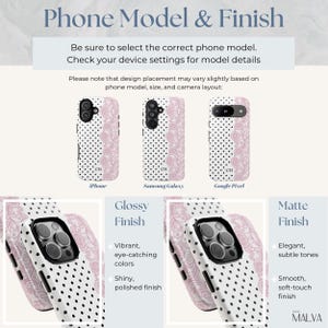 May include: A phone case selection guide featuring iPhone, Samsung Galaxy, and Google Pixel models. The design displays a white background with black polka dots and a pink floral pattern, including the initials CH. It compares glossy and matte finishes.