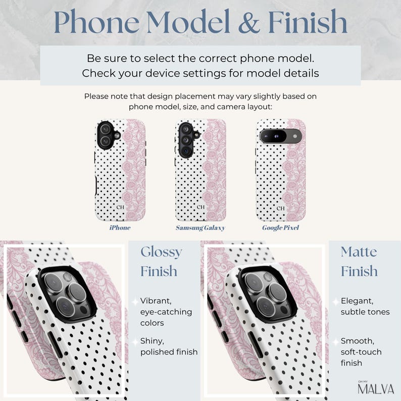 May include: A phone case selection guide featuring iPhone, Samsung Galaxy, and Google Pixel models. The design displays a white background with black polka dots and a pink floral pattern, including the initials CH. It compares glossy and matte finishes.