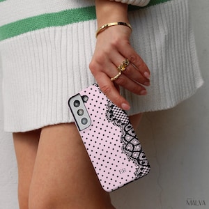 Personalized Lace Phone Case Initials Girly Coquette Phonecase Polka Dot iPhone Case 17 16 16e 15 14 13 MagSafe Samsung Galaxy S26 S25 Pixel image 14