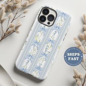 Blue Coquette Bow iPhone Case, Floral Striped Collage