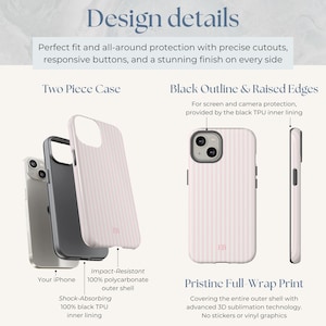 May include: Two-piece phone case with a pink and white striped design. The case has a black outline and raised edges for protection. The case is made of a polycarbonate outer shell and a TPU inner lining.