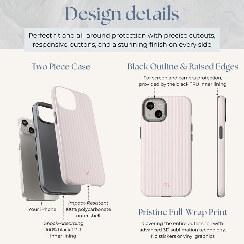 May include: Two-piece phone case with a pink and white striped design. The case has a black outline and raised edges for protection. The case is made of a polycarbonate outer shell and a TPU inner lining.