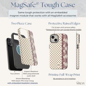 May include: A MagSafe Tough Case featuring a two-piece design with a black TPU inner lining and a cream-colored polycarbonate outer shell with a brown polka dot and lace pattern. The case includes embedded magnets and protective raised edges.