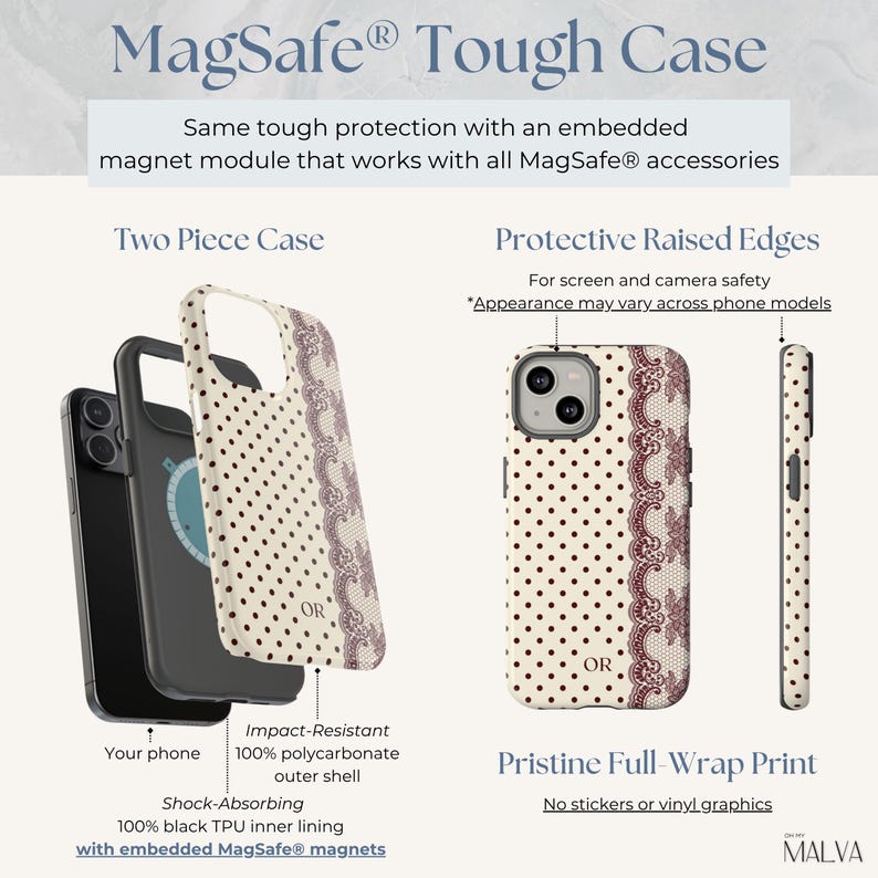 May include: A MagSafe Tough Case featuring a two-piece design with a black TPU inner lining and a cream-colored polycarbonate outer shell with a brown polka dot and lace pattern. The case includes embedded magnets and protective raised edges.